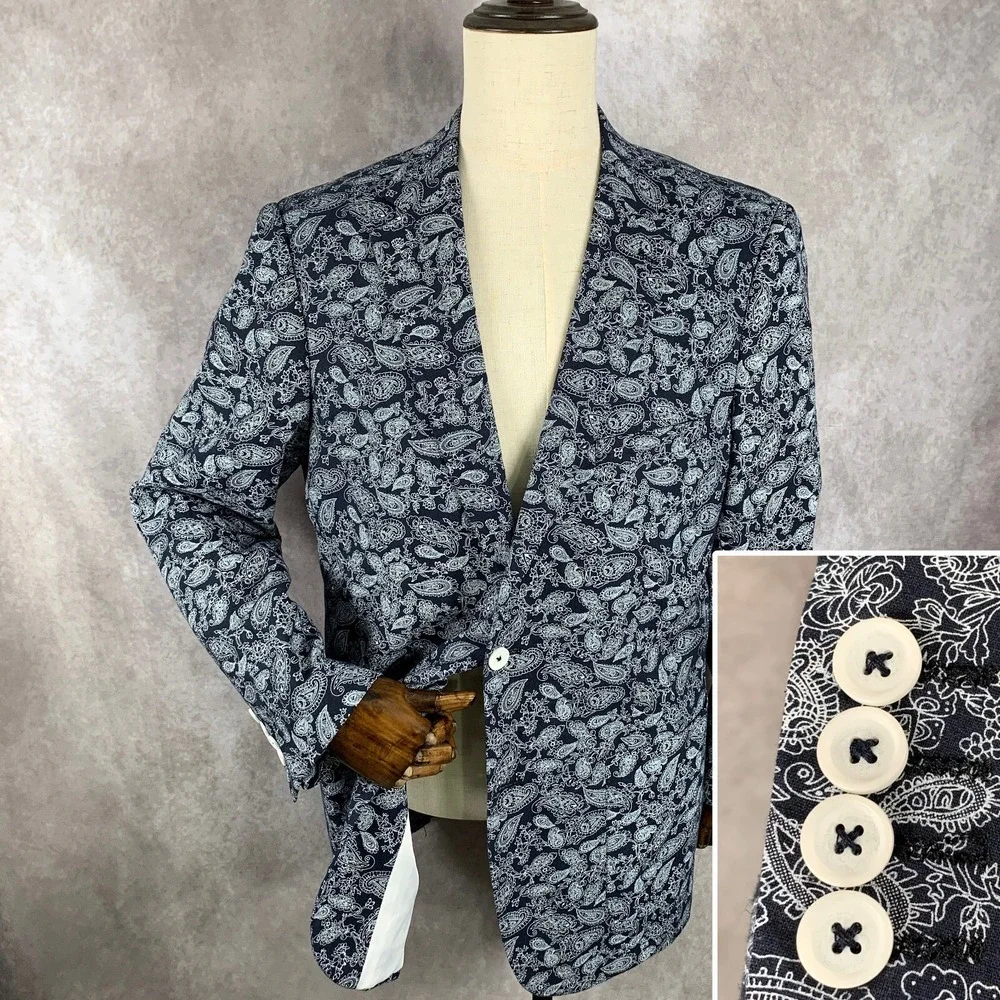 Alan Flusser Linen Blazer Jacket Men Large Paisley Sport Coat Preppy Modern